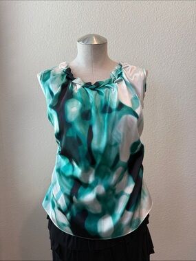 Tahari Teal, White & Dark Teal Abstract Satin Camisole